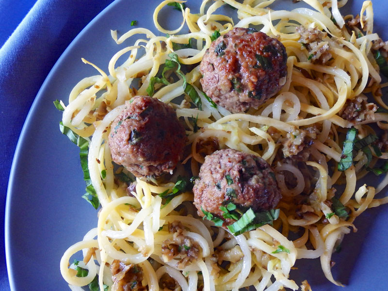 Yellow Squash Noodles With Meatballs And Olive Tapenade