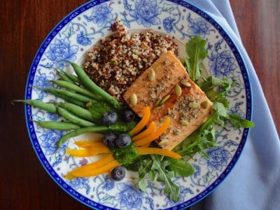 Salmon Bowl with Arugula Dressing - healthy, low sugar, and delicious!