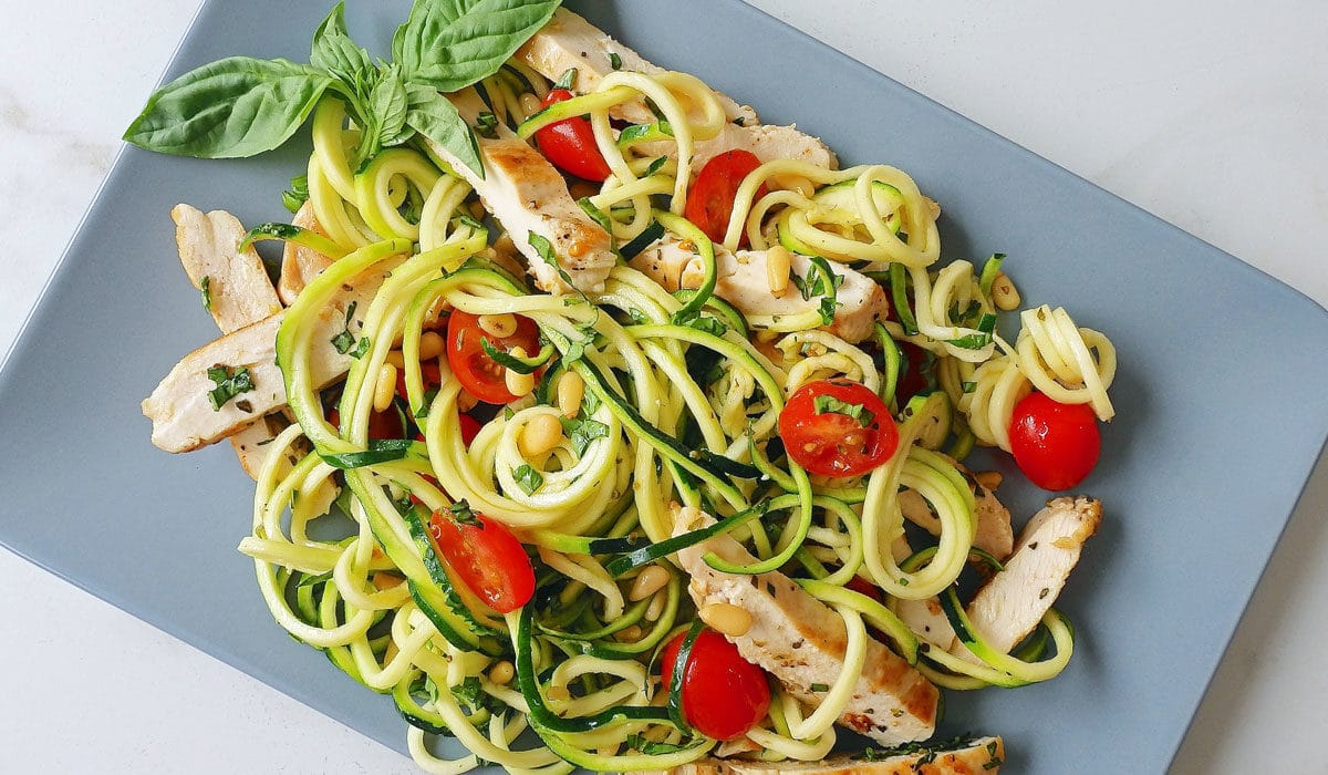 This Chicken and Zucchini Noodle Salad is sugar-free, gluten-free, and a delicious choice on the Candida diet.